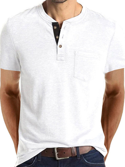 T-Shirts- Men's Essential Half-Buttoned Short Sleeve T-shirt in Solid Cotton Blend- White- Pekosa Women Clothing