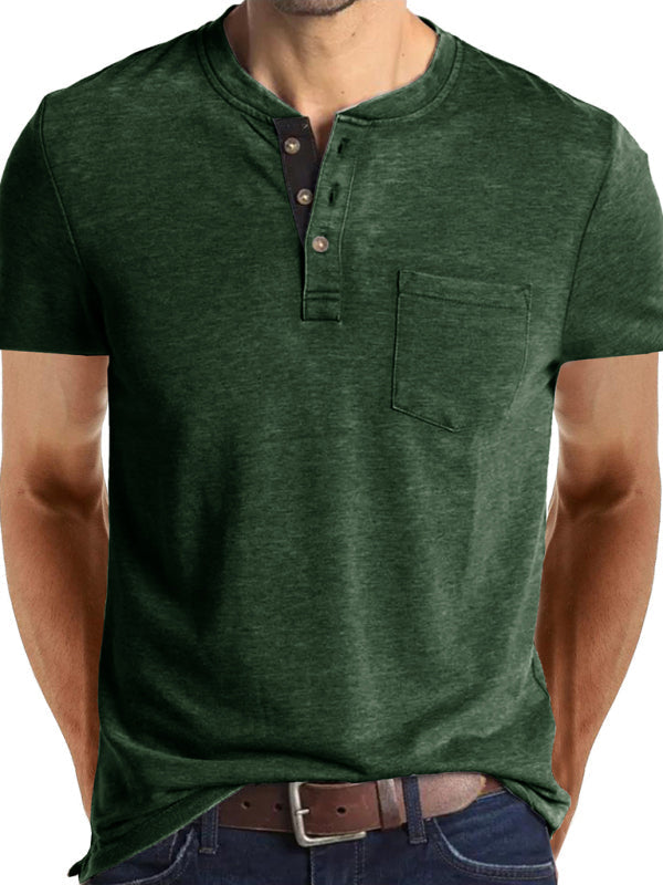 T-Shirts- Men's Essential Half-Buttoned Short Sleeve T-shirt in Solid Cotton Blend- Green- Pekosa Women Clothing