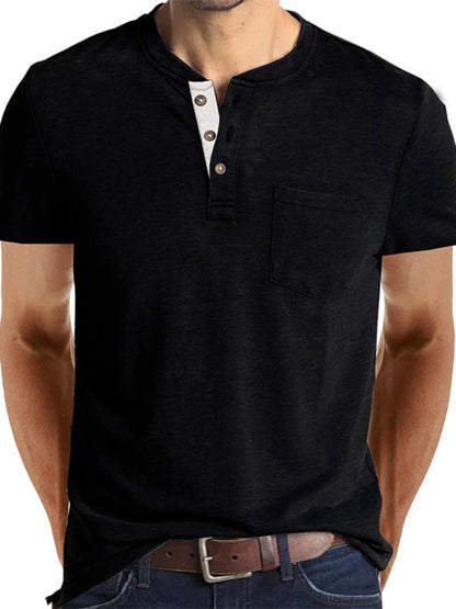 T-Shirts- Men's Essential Half-Buttoned Short Sleeve T-shirt in Solid Cotton Blend- Black- Pekosa Women Clothing