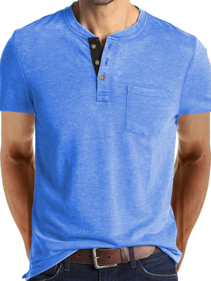 T-Shirts- Men's Essential Half-Buttoned Short Sleeve T-shirt in Solid Cotton Blend- Clear blue- Pekosa Women Clothing