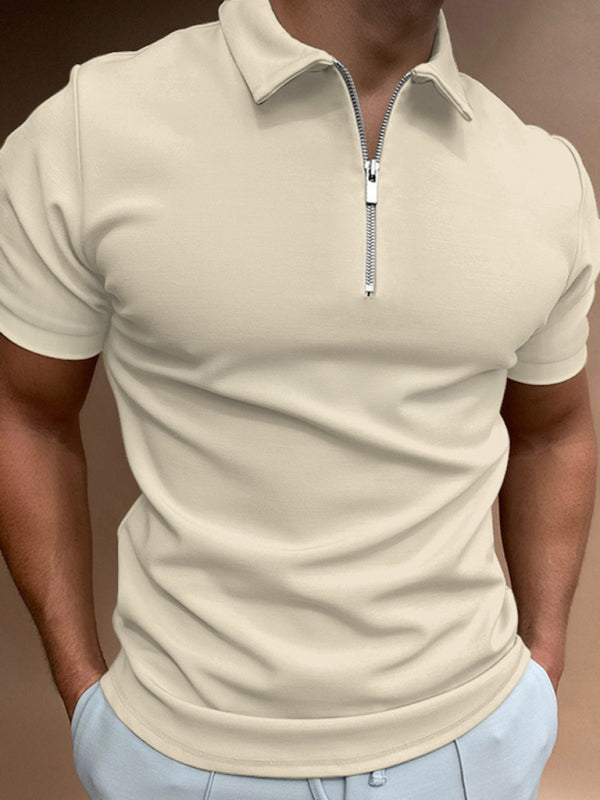 T-Shirts- Men's Solid Half Zip-Up Polo Short Sleeve T-shirt- Khaki- Pekosa Women Clothing