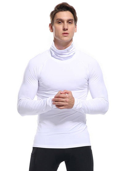 T-Shirts- Muscle Fit Solid Long Sleeve Mock Neck Sporty T-Shirt for Men- - Pekosa Women Clothing