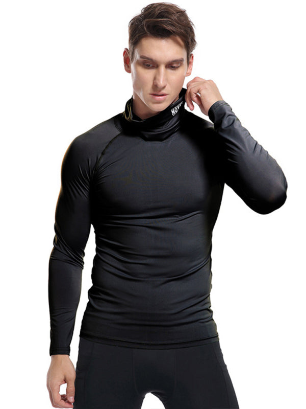 T-Shirts- Muscle Fit Solid Long Sleeve Mock Neck Sporty T-Shirt for Men- - Pekosa Women Clothing