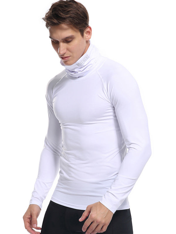 T-Shirts- Muscle Fit Solid Long Sleeve Mock Neck Sporty T-Shirt for Men- - Pekosa Women Clothing