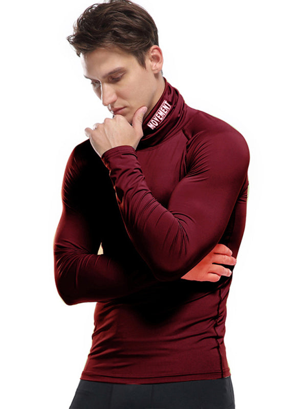 T-Shirts- Muscle Fit Solid Long Sleeve Mock Neck Sporty T-Shirt for Men- - Pekosa Women Clothing