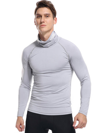 T-Shirts- Muscle Fit Solid Long Sleeve Mock Neck Sporty T-Shirt for Men- - Pekosa Women Clothing