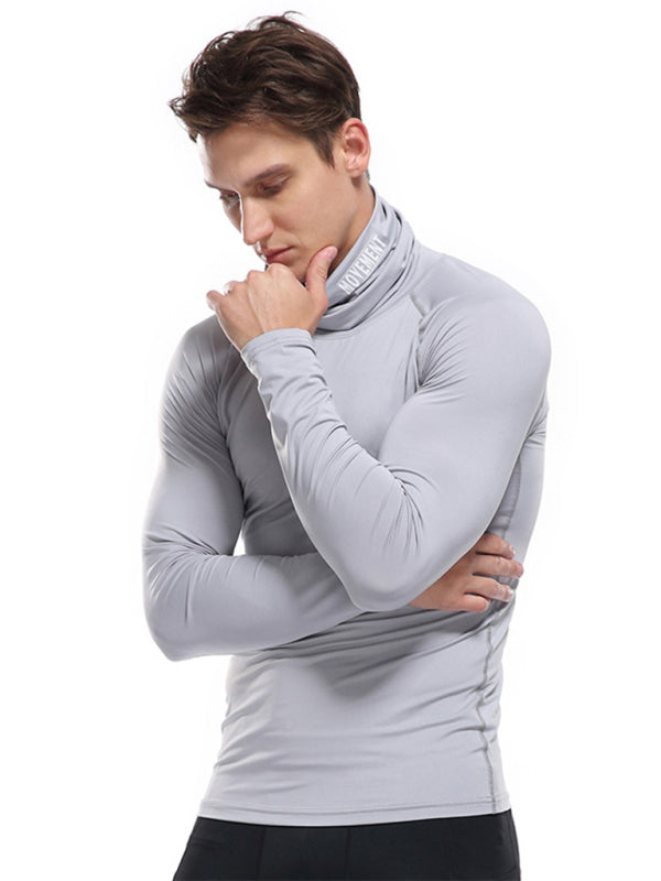 T-Shirts- Muscle Fit Solid Long Sleeve Mock Neck Sporty T-Shirt for Men- - Pekosa Women Clothing