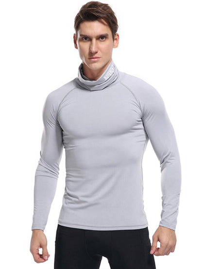 T-Shirts- Muscle Fit Solid Long Sleeve Mock Neck Sporty T-Shirt for Men- Grey- Pekosa Women Clothing