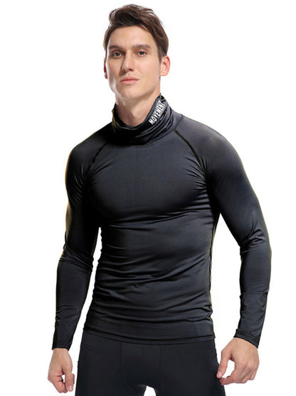 T-Shirts- Muscle Fit Solid Long Sleeve Mock Neck Sporty T-Shirt for Men- - Pekosa Women Clothing