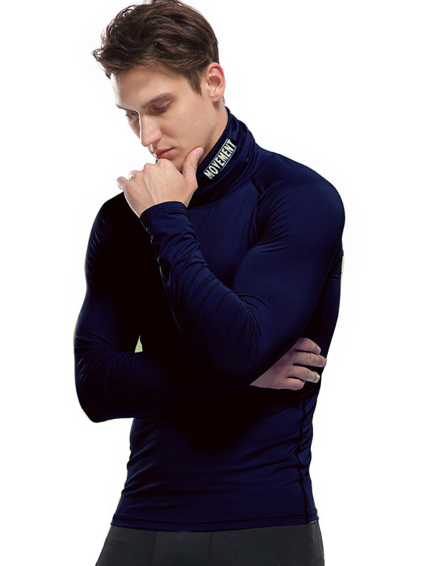 T-Shirts- Muscle Fit Solid Long Sleeve Mock Neck Sporty T-Shirt for Men- - Pekosa Women Clothing