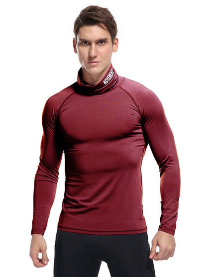 T-Shirts- Muscle Fit Solid Long Sleeve Mock Neck Sporty T-Shirt for Men- Wine Red- Pekosa Women Clothing