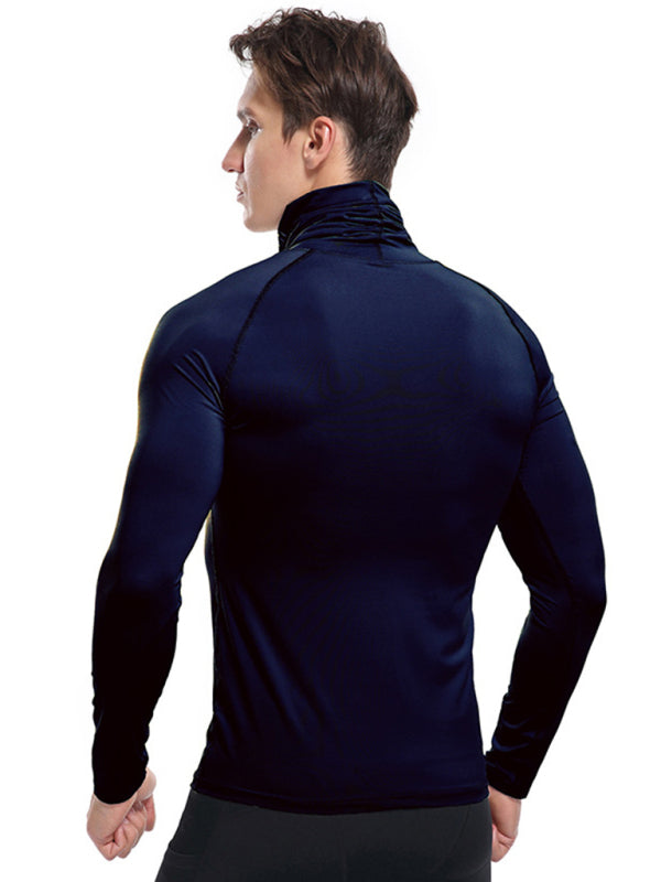 T-Shirts- Muscle Fit Solid Long Sleeve Mock Neck Sporty T-Shirt for Men- - Pekosa Women Clothing