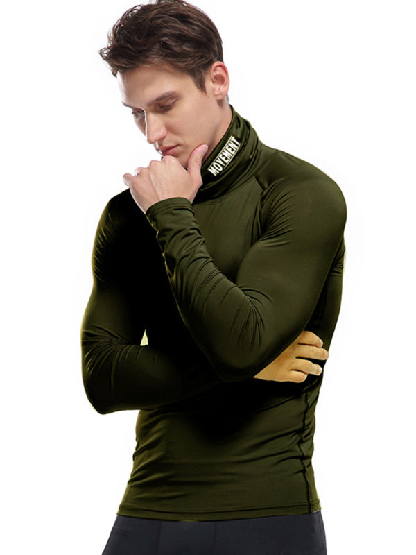 T-Shirts- Muscle Fit Solid Long Sleeve Mock Neck Sporty T-Shirt for Men- - Pekosa Women Clothing