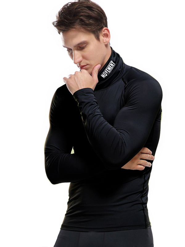 T-Shirts- Muscle Fit Solid Long Sleeve Mock Neck Sporty T-Shirt for Men- - Pekosa Women Clothing