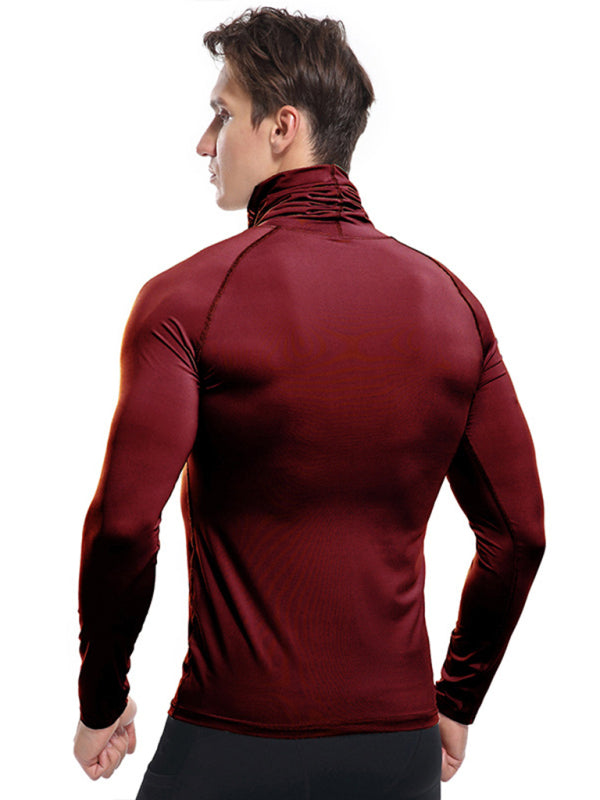 T-Shirts- Muscle Fit Solid Long Sleeve Mock Neck Sporty T-Shirt for Men- - Pekosa Women Clothing