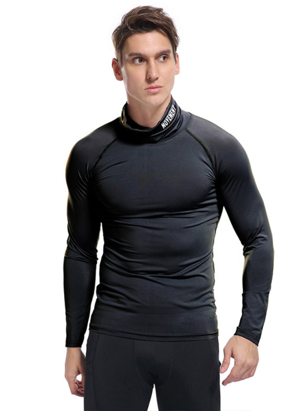 T-Shirts- Muscle Fit Solid Long Sleeve Mock Neck Sporty T-Shirt for Men- - Pekosa Women Clothing