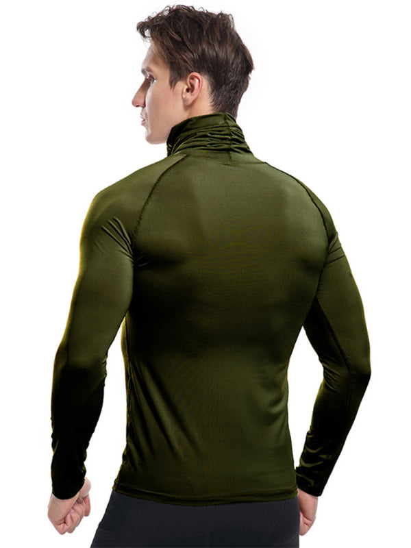 T-Shirts- Muscle Fit Solid Long Sleeve Mock Neck Sporty T-Shirt for Men- - Pekosa Women Clothing