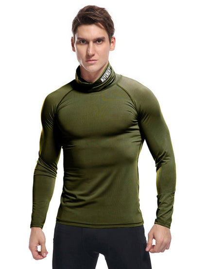 T-Shirts- Muscle Fit Solid Long Sleeve Mock Neck Sporty T-Shirt for Men- Olive green- Pekosa Women Clothing