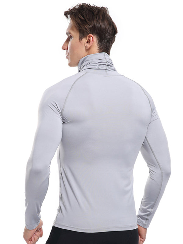 T-Shirts- Muscle Fit Solid Long Sleeve Mock Neck Sporty T-Shirt for Men- - Pekosa Women Clothing