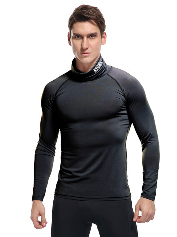 T-Shirts- Muscle Fit Solid Long Sleeve Mock Neck Sporty T-Shirt for Men- Black- Pekosa Women Clothing