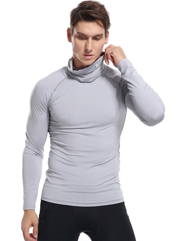 T-Shirts- Muscle Fit Solid Long Sleeve Mock Neck Sporty T-Shirt for Men- - Pekosa Women Clothing