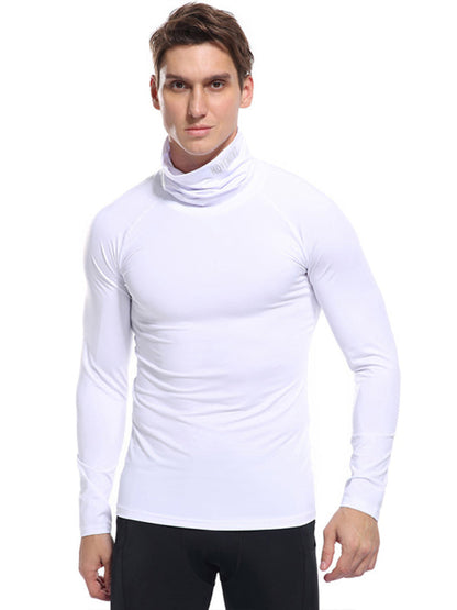 T-Shirts- Muscle Fit Solid Long Sleeve Mock Neck Sporty T-Shirt for Men- White- Pekosa Women Clothing