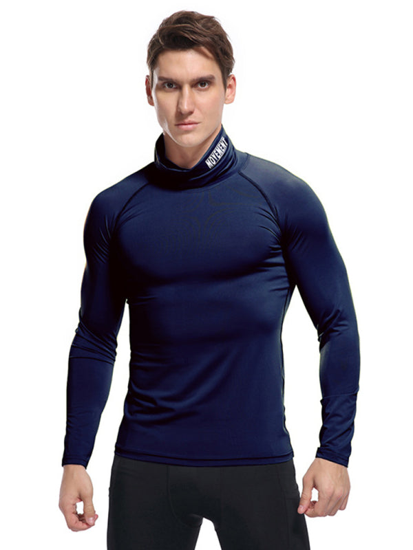 T-Shirts- Muscle Fit Solid Long Sleeve Mock Neck Sporty T-Shirt for Men- Royal blue- Pekosa Women Clothing