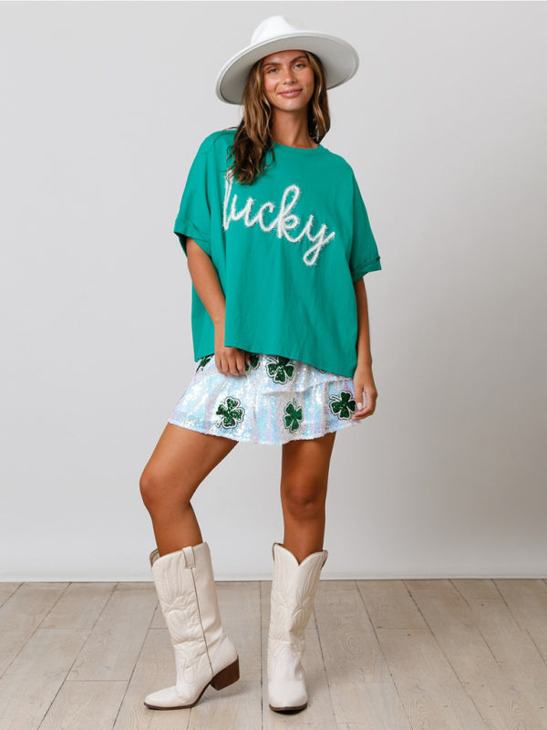 T-Shirts- Saint Patrick's Oversized Tee - Sparkle Lucky T-Shirt- - Pekosa Women Clothing