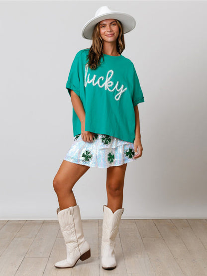 T-Shirts- Saint Patrick's Oversized Tee - Sparkle Lucky T-Shirt- - Pekosa Women Clothing