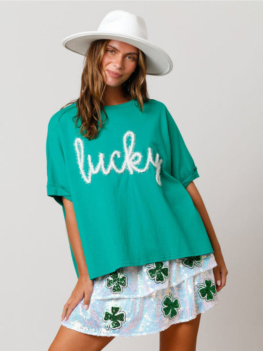 T-Shirts- Saint Patrick's Oversized Tee - Sparkle Lucky T-Shirt- Green- Pekosa Women Clothing