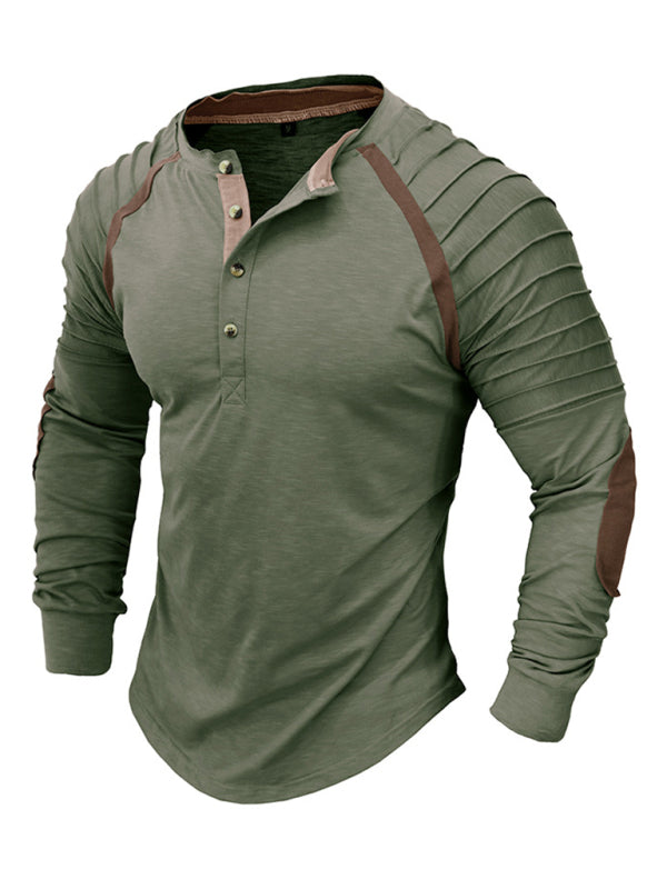 T-Shirts- Solid Henley Neck Muscle Long Sleeve T-shirt for Men- Green- Pekosa Women Clothing