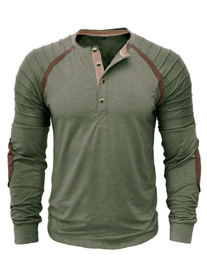 T-Shirts- Solid Henley Neck Muscle Long Sleeve T-shirt for Men- - Pekosa Women Clothing