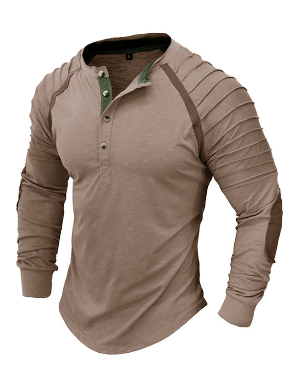 T-Shirts- Solid Henley Neck Muscle Long Sleeve T-shirt for Men- Brown- Pekosa Women Clothing