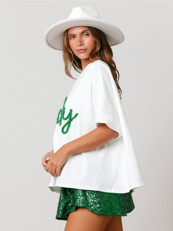 T-Shirts- Sparkle-Patched Lucky Oversized T-Shirt for Saint Patrick's Day- - Pekosa Women Clothing