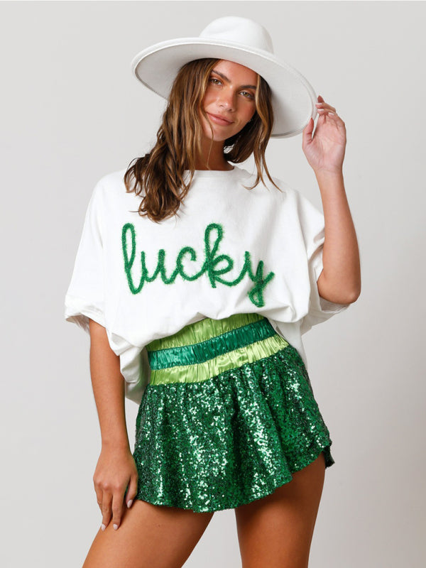 T-Shirts- Sparkle-Patched Lucky Oversized T-Shirt for Saint Patrick's Day- - Pekosa Women Clothing