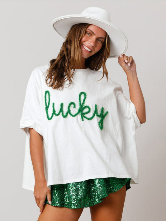 T-Shirts- Sparkle-Patched Lucky Oversized T-Shirt for Saint Patrick's Day- White- Pekosa Women Clothing