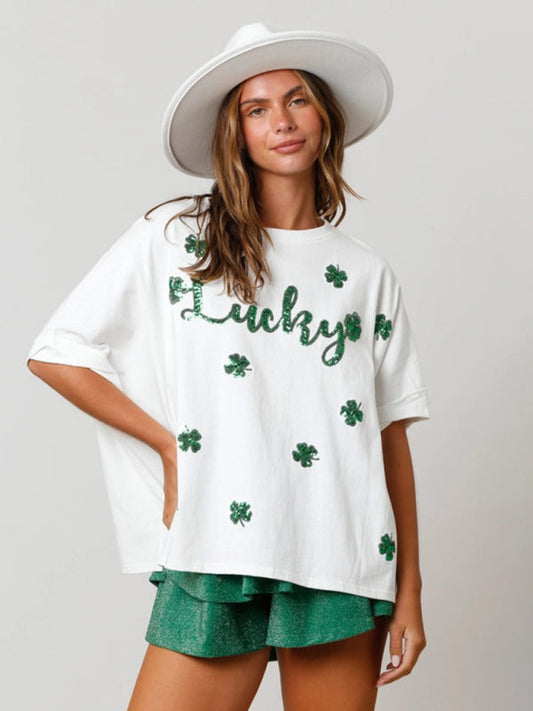 T-Shirts- Sparkle Saint Patrick's Oversized T-Shirt with Lucky Four-Leaf Clover- White- Pekosa Women Clothing