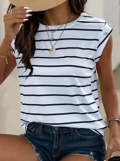 T-Shirts- Striped Tee with Cap Sleeves & Fancy Side Buttons T-Shirt for Women- - Chuzko Women Clothing