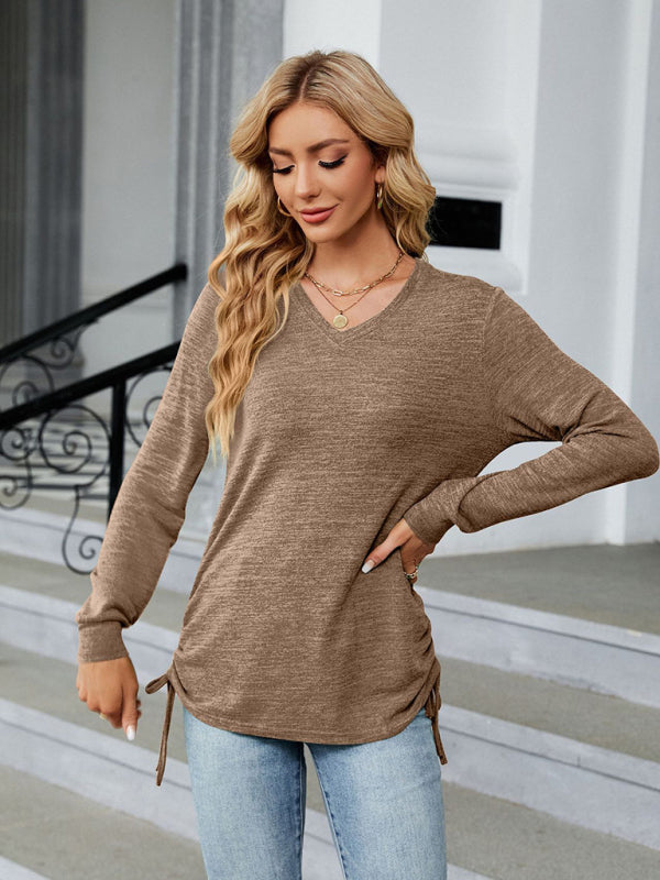 T-Shirts- V-Neck Long Sleeve T-Shirt | Side Ruching Top in Solid Tone- - Pekosa Women Clothing