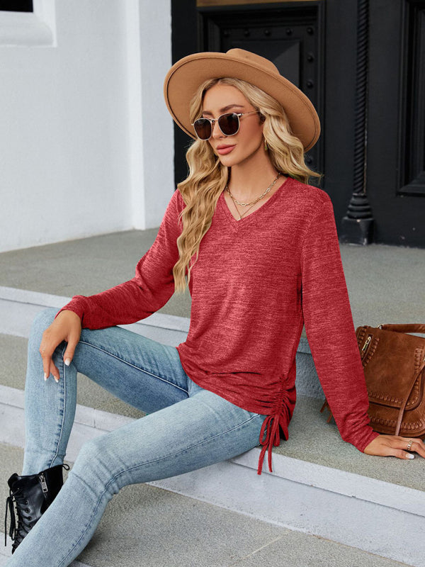 T-Shirts- V-Neck Long Sleeve T-Shirt | Side Ruching Top in Solid Tone- - Pekosa Women Clothing