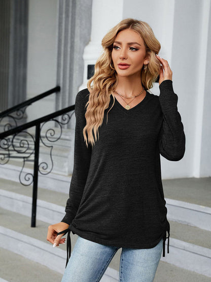 T-Shirts- V-Neck Long Sleeve T-Shirt | Side Ruching Top in Solid Tone- Black- Pekosa Women Clothing