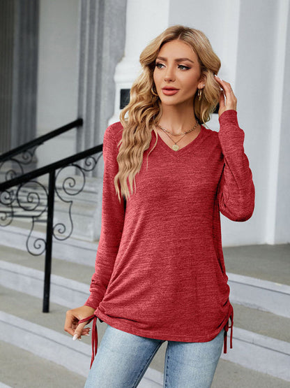 T-Shirts- V-Neck Long Sleeve T-Shirt | Side Ruching Top in Solid Tone- Red- Pekosa Women Clothing