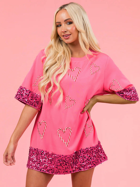 T-Shirts- Valentine's Day Sparkle Short Sleeve Sequined Tunic T-Shirt Dress- Pink- Pekosa Women Clothing