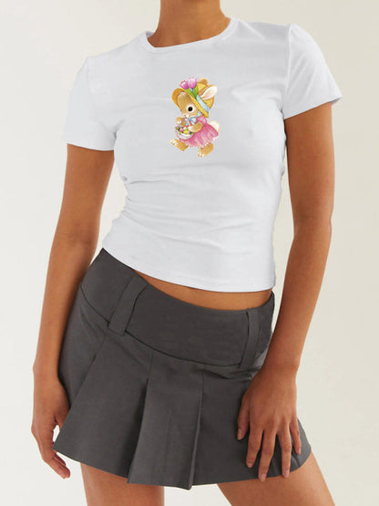 T-Shirts- Women's Easter Egg Print T-Shirt - Holly Week Bunny Crop Tee- Pastel pink- Pekosa Women Clothing