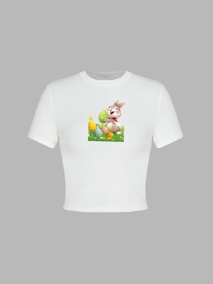 T-Shirts- Women's Easter Egg Print T-Shirt - Holly Week Bunny Crop Tee- - Pekosa Women Clothing