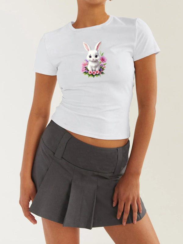 T-Shirts- Women's Easter Egg Print T-Shirt - Holly Week Bunny Crop Tee- Hot pink- Pekosa Women Clothing