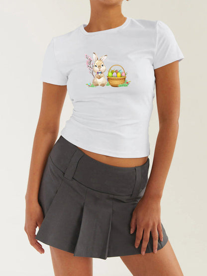 T-Shirts- Women's Easter Egg Print T-Shirt - Holly Week Bunny Crop Tee- Pale green- Pekosa Women Clothing