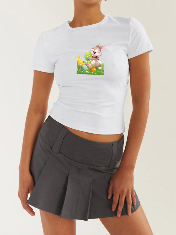 T-Shirts- Women's Easter Egg Print T-Shirt - Holly Week Bunny Crop Tee- Grey- Pekosa Women Clothing