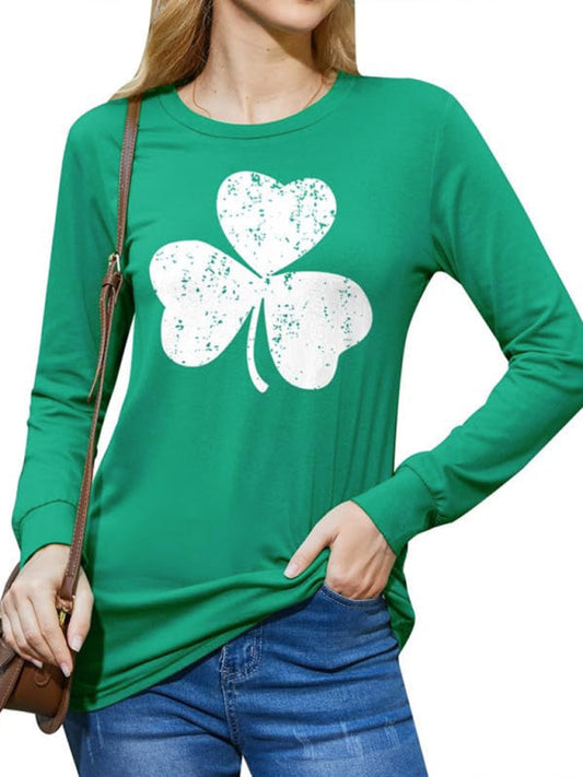 T-Shirts- Women's St. Patrick's Day Long Sleeves Tee Lucky Clover Charm- Pale green- Pekosa Women Clothing
