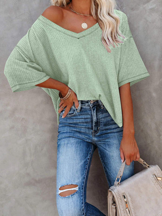 T-Shirts- Women's Waffle Knitted T-shirt - Short Sleeve V-neck Cotton Top- Pale green- Pekosa Women Clothing